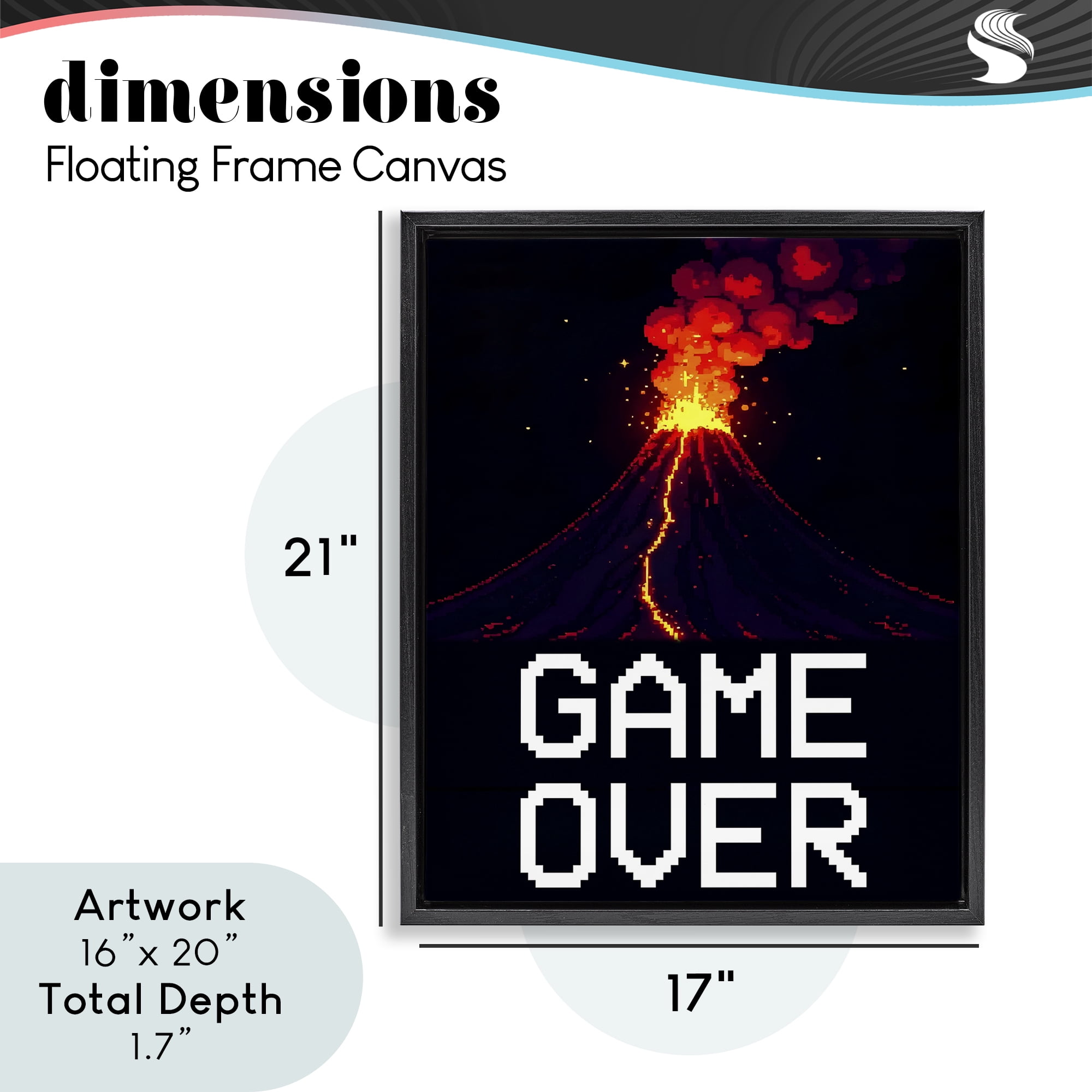 Pixel Volcano Game Over Black Framed Floater Canvas Wall Art, design by Kim Allen
