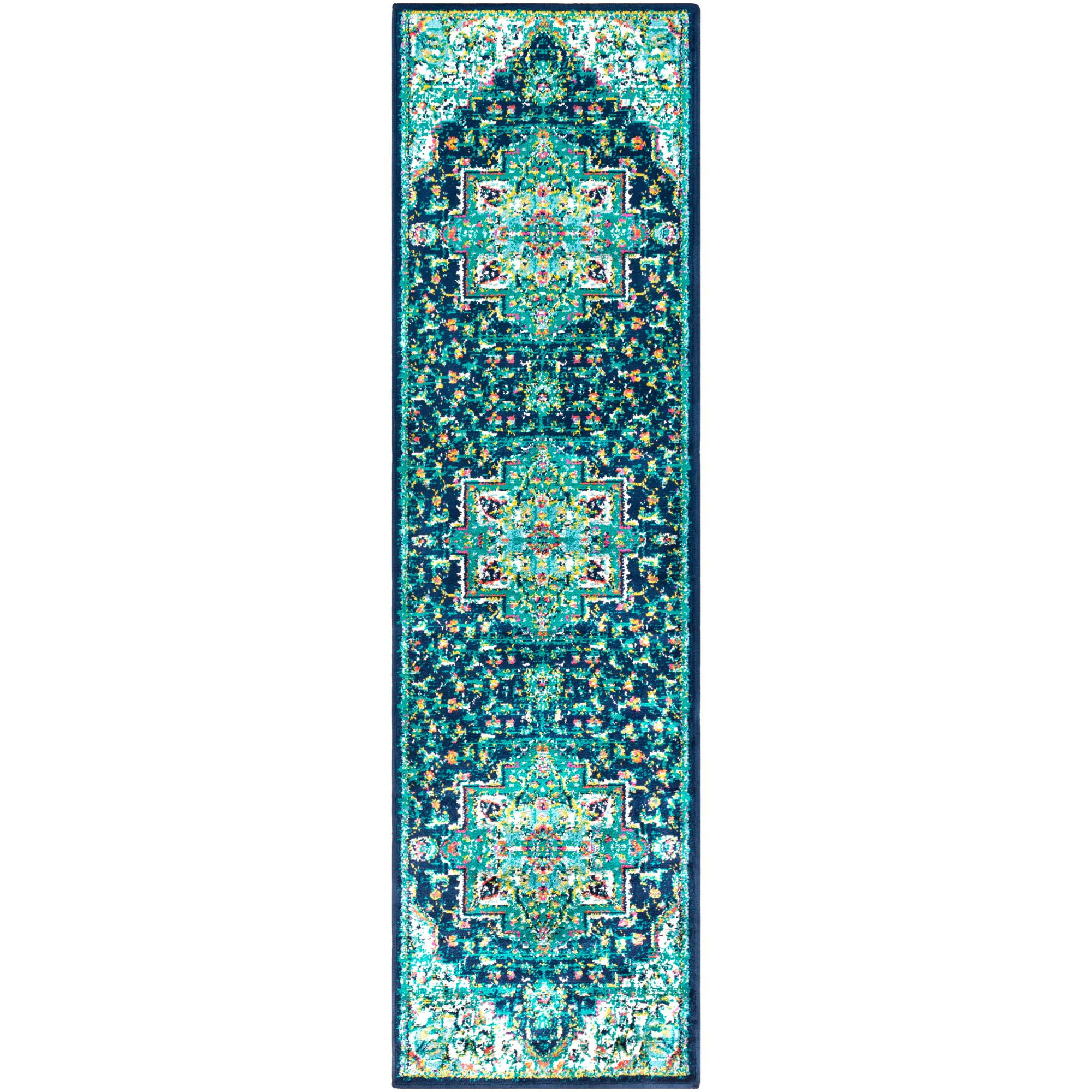 2.1' x 7.5' Traditional Style Teal Green and Blue Rectangular Area