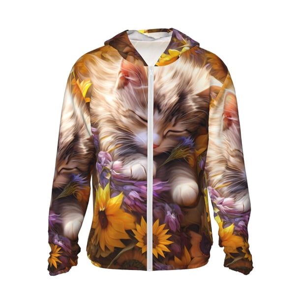 Balery Cute Cat Sunflower Sudadera ligera de manga larga con capucha y protección solar UPF 50+ para hombre y mujer, ideal para pesca y running-XX-Large