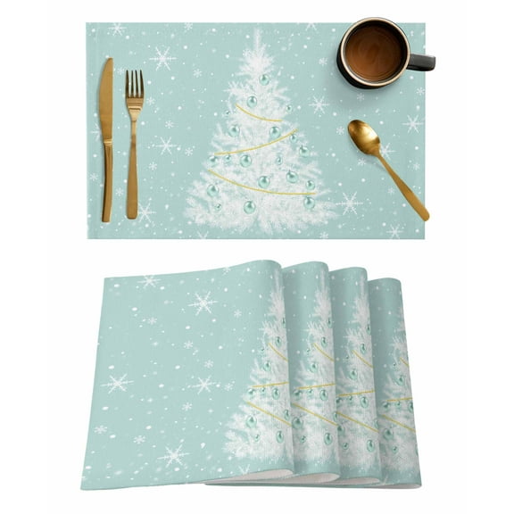 Teal Green Christmas Tree Placemats Set of 4, Balls Snowflake Xmas Tree Placemats for Dining Table, Place Mats for Kitchen Tabletop, Waterproof Wipeable Dining Table Mats Set