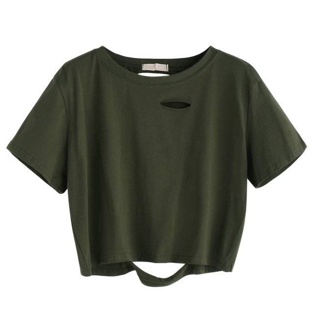 Women's Summer Short Sleeve Tee Distressed Ripped Crop T-Shirt Tops,Green,XL