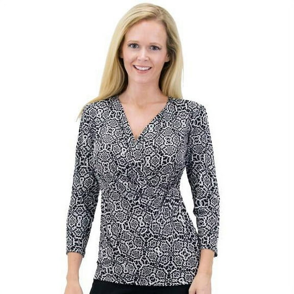 Women's Solid/Print V Neck 3/4 Sleeve Knit Front Drape Wrap Jersey Tops Side Shirring Blouse ( Black white prints)