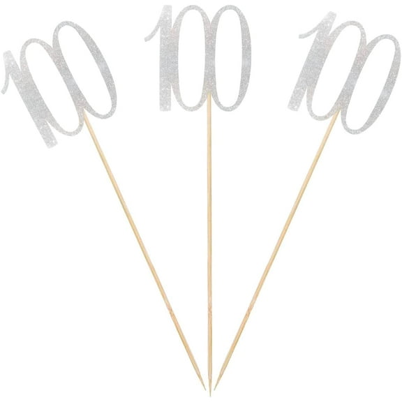 Silver Glitter 100th Birthday Centerpiece Sticks, 12-Pack Number 100 Table Topper Anniversary Party Decorations