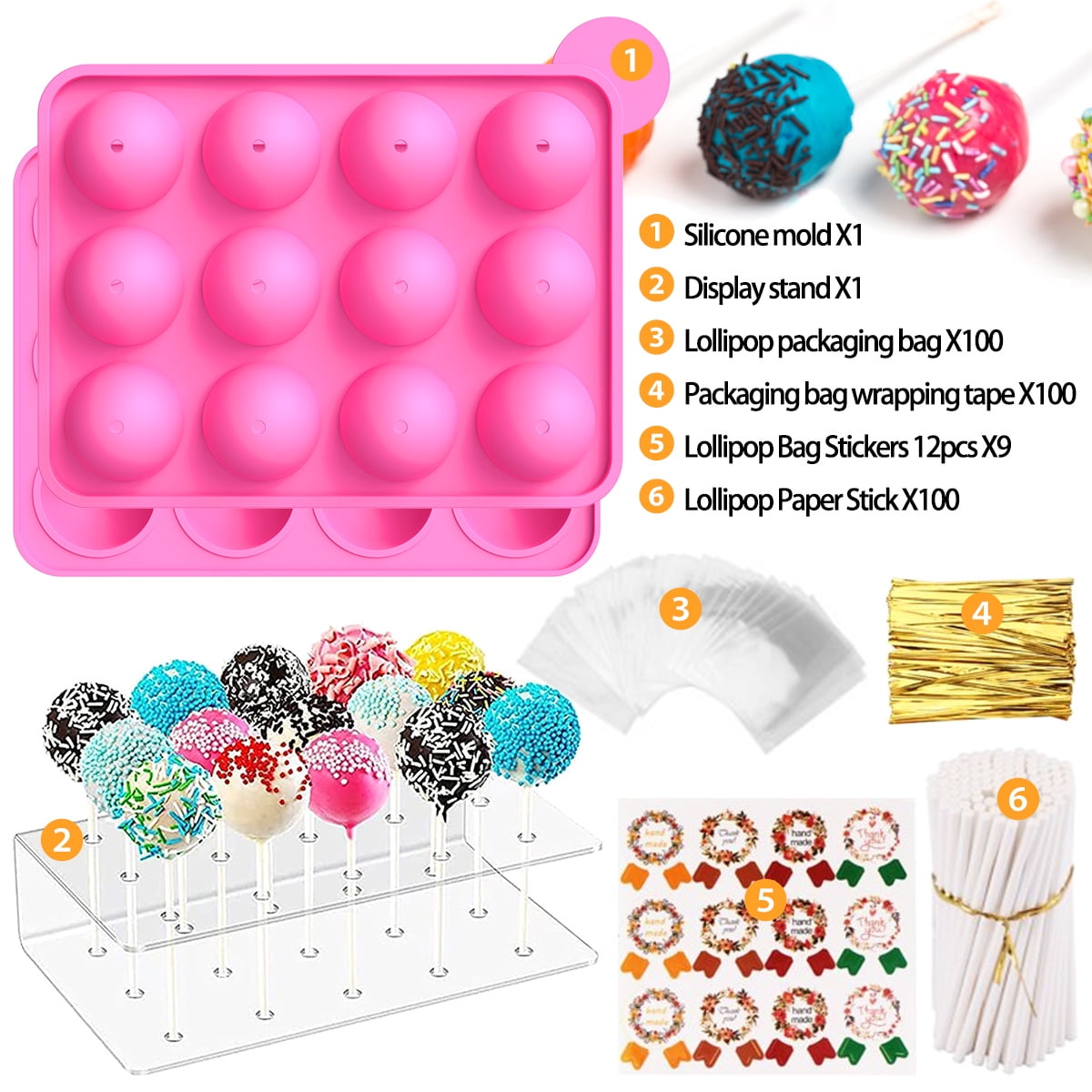 Silicone Cake Pop Mold Set, Lollipop Maker Kit for Diy Cookie