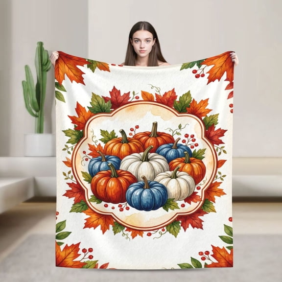 Watercolor Pumpkin Flannel Blanket , Soft Fall Throw Blanket with Blue White Pumpkin Autumn Leaves Design, Cozy Farmhouse Blanket for Couch Sofa Bed 50x40