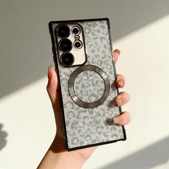for Samsung Galaxy S21 Ultra Magnetic Case, Leopard Pattern Plating Phone Case, Compatible with Mag-Safe, Bling Sparkly Military Grade Drop Protection Cover for Samsung Galaxy S21 Ultra, Black
