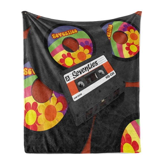 70s Party Soft Flannel Fleece Throw Blanket, Compact Cassette Player and Some Vinyl Records with Seventies Text Oldschool, Cozy Plush for Indoor and Outdoor Use, 50" x 70", Multicolor, by Ambesonne