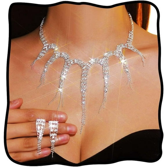 Silver Rhinestone Necklace Jewelry Set Prom Formal Necklace Earrings Elegant Costume Jewelry Accessories for Women