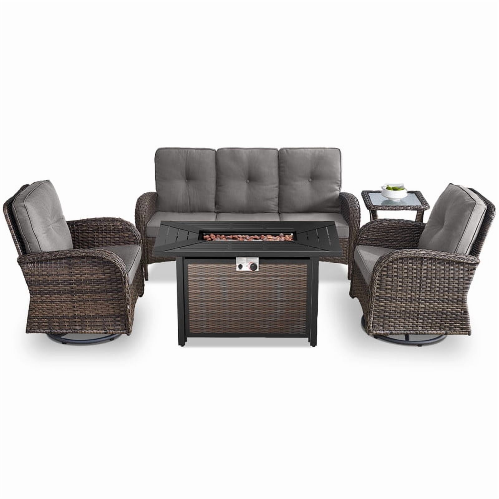 Patio Fire Pit Furniture Set 5-Piece Outdoor Wicker Furniture Set with 43" Propane Gas Fire Pit Table Outdoor Conversation Sofa Set with Swivel Rocking Chairs and Side Table, Gray Cushions