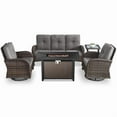 thumbnail image 2 of Patio Fire Pit Furniture Set 5-Piece Outdoor Wicker Furniture Set with 43" Propane Gas Fire Pit Table Outdoor Conversation Sofa Set with Swivel Rocking Chairs and Side Table, Gray Cushions, 2 of 12