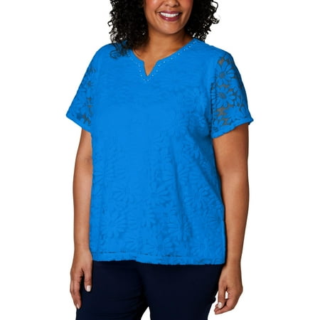 Alfred Dunner Womens Knit Lace Pullover Top