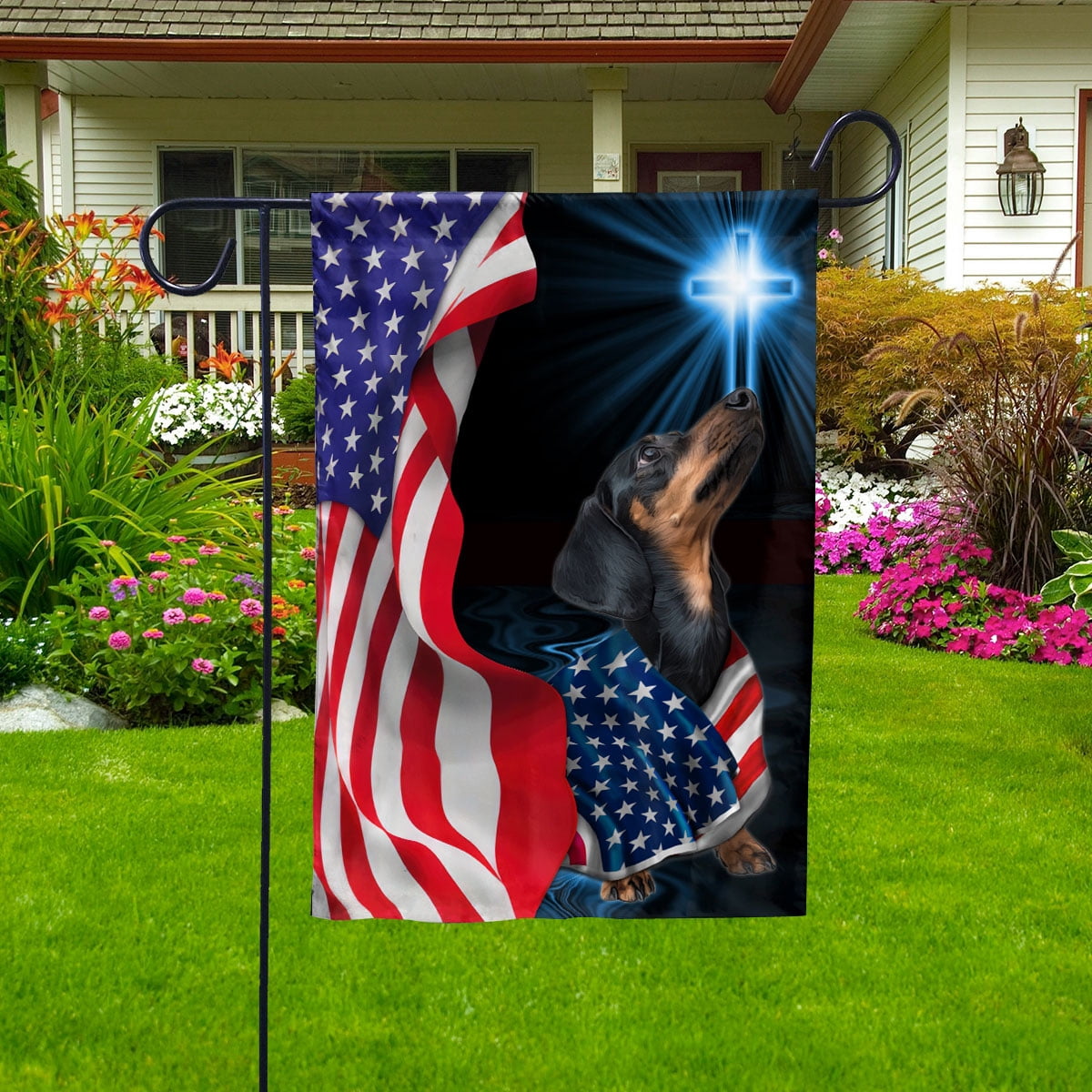 Flag Dachshund Dog Wearing Flag American Patriot Proud Standing Under The Cross Christian House Flag, Double-Sided Decorative Outdoor Flag, Patriotic Polyester Yard Flag 29.5 x 39.5 in