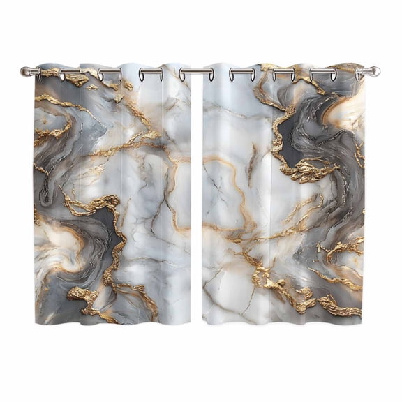 Marble White Gold Kitchen Curtains 72 Inch Length, Abstract Modern Geometric Printed Grommet Top Bedroom Living Room Curtains, Light Filtering Cafe Curtain Drapes 2 Panels Set 104''x72''