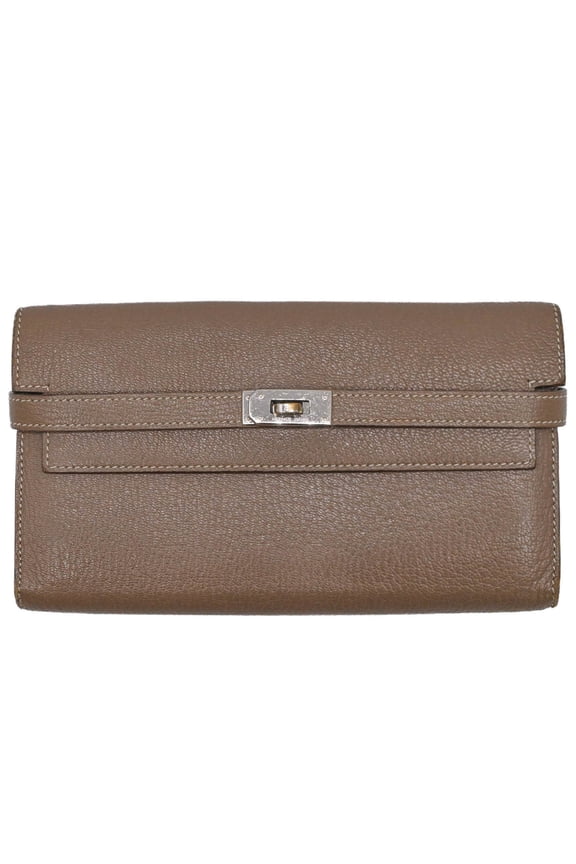 Pre-Owned HERMES Kelly Wallet Long Chevre Leather Etoupe Greige Women's #U (Fair)