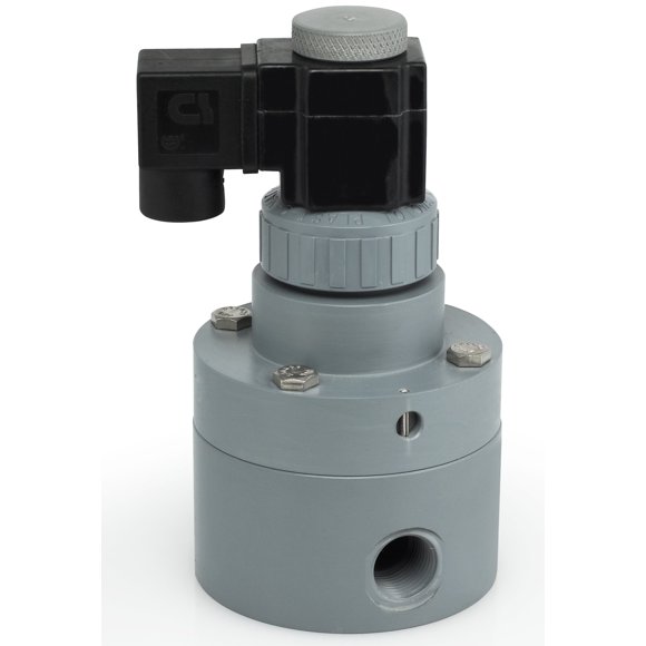 Plast-O-Matic PS Series PVC Pilot Solenoid Valve, For Acids and Highly Corrosive Liquids, 2 Ways, Normally Closed, EPDM Diaphragm, 9.5 Cv factor, 1" NPT Female