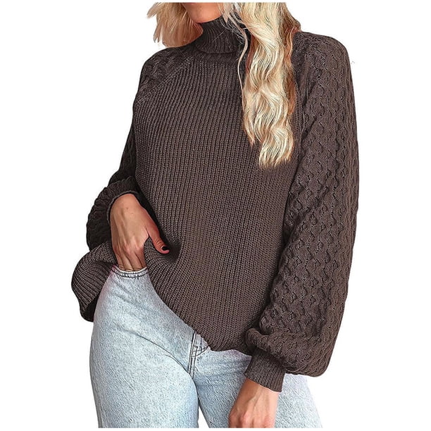 Puntoco Suéter Casual De Mujer Color Sólido Flor Trenzada Manga Larga Jersey De Punto Suéter De Cuello Alto Liquidación De Navidad Puntoco Puntoco-3835
