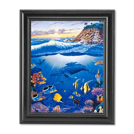Black Whale - Waterfall Paradise Ocean Fish Whale and Sea Turtle Wall Picture Black Framed