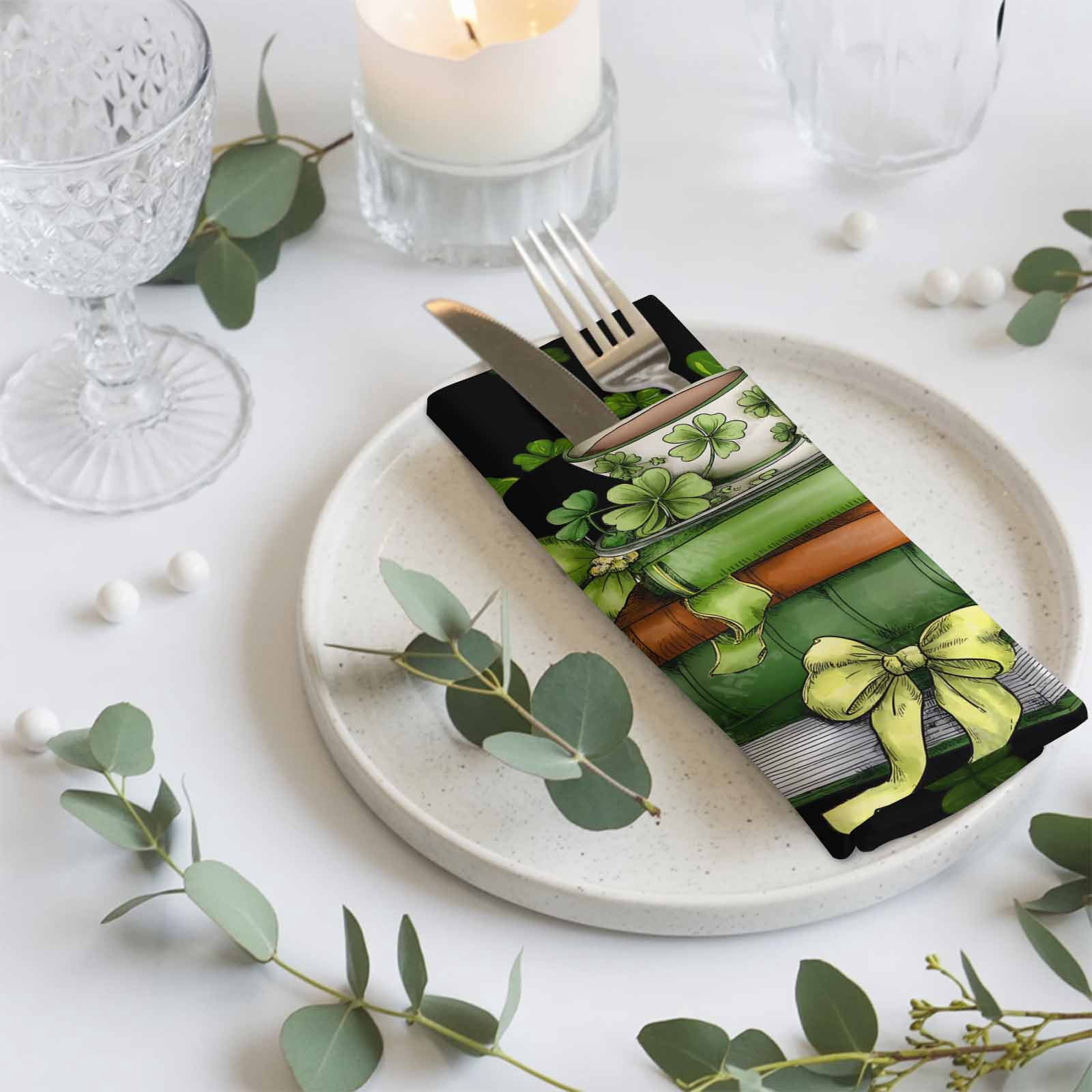 St Patrick's Day Cloth Napkins, Shamrock Leaf Coffee Cups Books Dark Green Washable and Reusable Dinner Napkins Set of 8, Table Napkin for Kitchen Party Birthday Wedding Hotel Housewarming 20"x20"