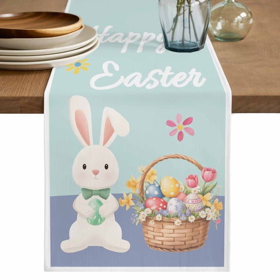 Happy Easter Table Runner 36 Inches, Cute Bunny Colorful Eggs Spring Flowers Blue Purple Bed Runner Dresser Scarves Tabletop for Indoor Outdoor Parties/Ceremony/Banquet, 13"x 36"