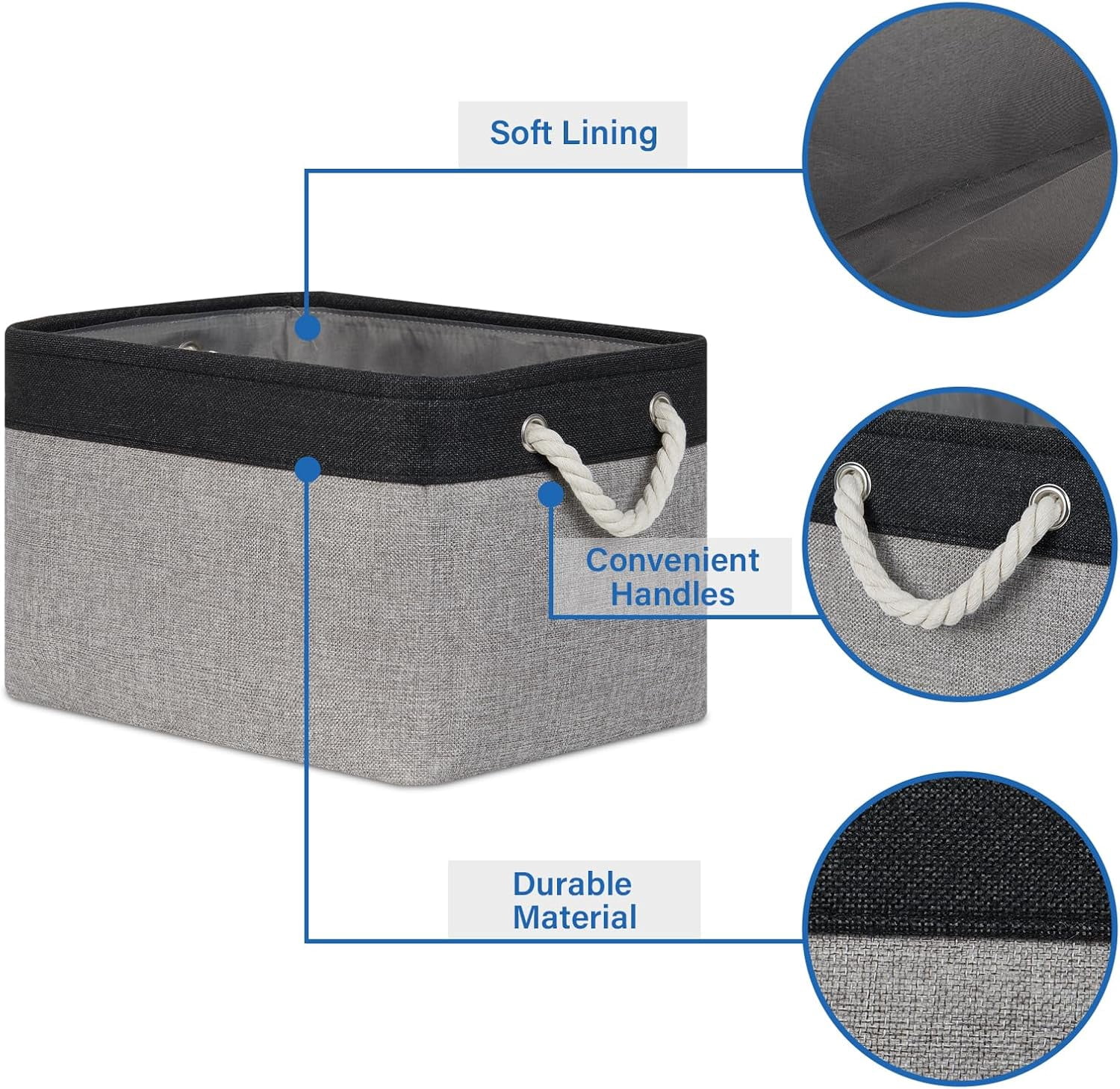 Fabric Storage Baskets 4Pack Storage Bins Decorative Basket for Gift, Clothes Bin with Rope Handle, Rectangle Baskets for Storage, Blankets(Black&Gray,15x11x9.5 inch)