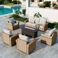 thumbnail image 3 of MF Studio 6-Piece Wicker Outdoor Conversation Set with 56'' Rectangle Fire Pit Table, 7-Seat Rattan Patio Furniture Set, Beige and Black, 3 of 12
