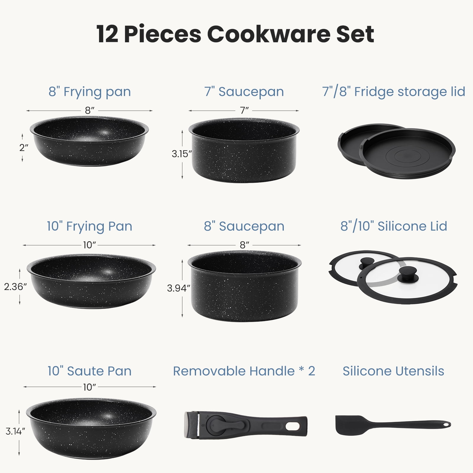 LIFERECORD 12-Piece Nonstick Pots and Pans Set, Granite Coating Cookware Set with Detachable Handle, Induction Compatible, Oven & Dishwasher Safe, Includes Frying Pans, Saucepan & Utensils Black