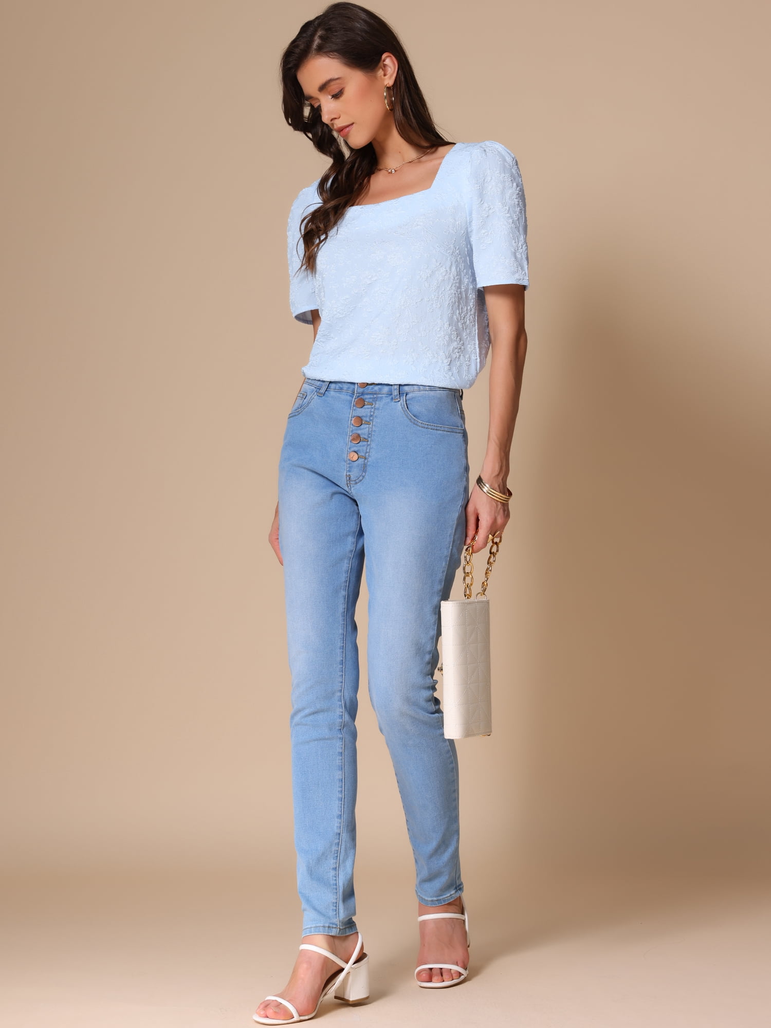 DARING DIVA Women's Embroidery Short Puff Sleeve Casual Blouse S Blue