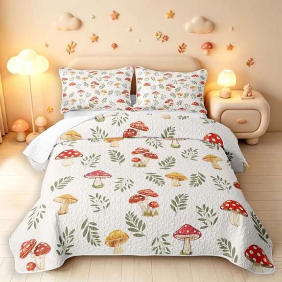 Homewish Watercolor Plant Mushrooms Twin Quilt Set,Botanical Fungi Twin Coverlet Set,White Red,Light Gray Reversible,2pcs