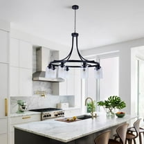 FINE MAKER Black modern hanging industrial chandelier, 5 lights living room clear glass shade semi-recessed lamp