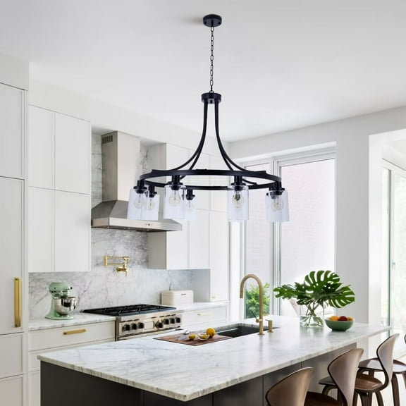 FINE MAKER Black modern hanging industrial chandelier, 5 lights living room clear glass shade semi-recessed lamp