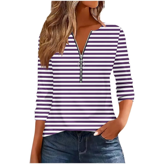 Haut Femme Mode Décontracté Imprimé Col Rond Manches Longues T-Shirt Blouse à Fermeture Éclair Violet TG