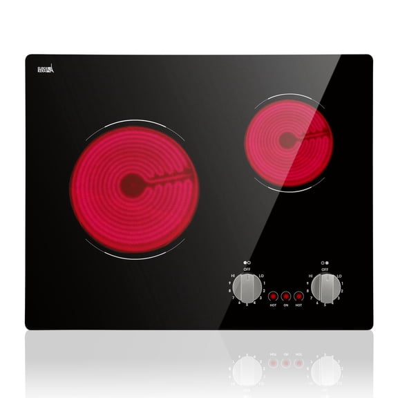 21 Inch 2 Burners Electric Cooktop 3700W Apartment Electric Stove Top Double Radiant, UL Certified, 9 Heating Level Knob Control, Overheating Protection, 110V-240V Ceramic Glass Cooktop