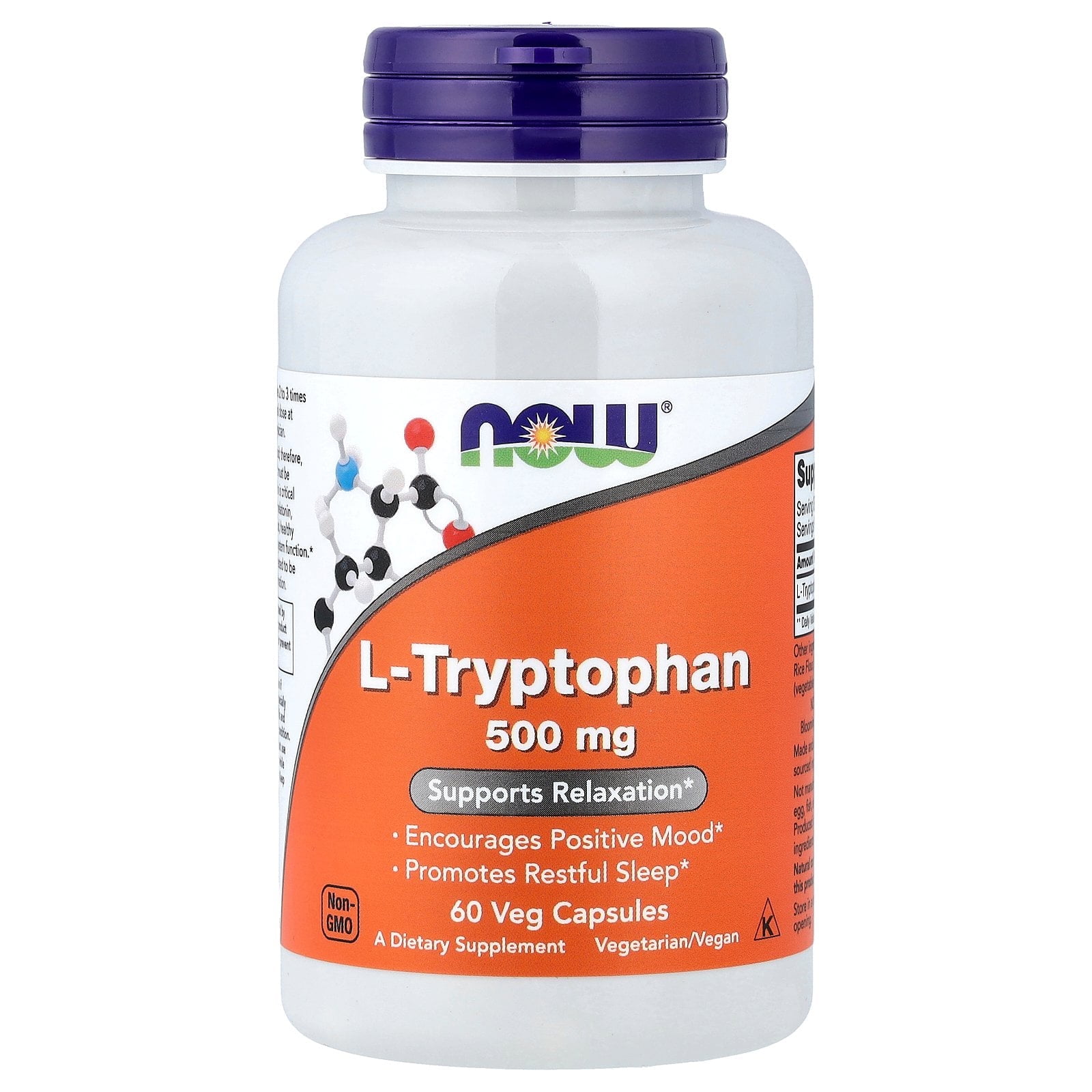 NOW Supplements, L-Tryptophan 500 mg, Encourages Positive Mood*, Supports Relaxation*, 60 Veg Capsules