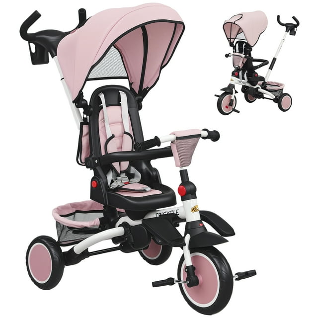 Qaba Tricycle 6 en 1 pour Tout-Petits de 1 à 5 Ans avec Poignée de Poussée, Rose