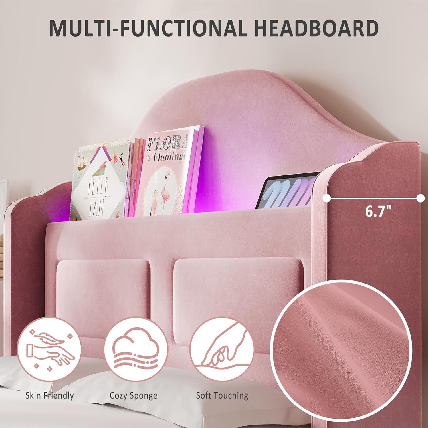 EliteEdge Upholstered Twin Bed Frame with LED Lights, Velvet Platform Bed with Wingback Storage Headboard, Wood Slat Support, No Box Spring Needed, Easy Assembly, Pink
