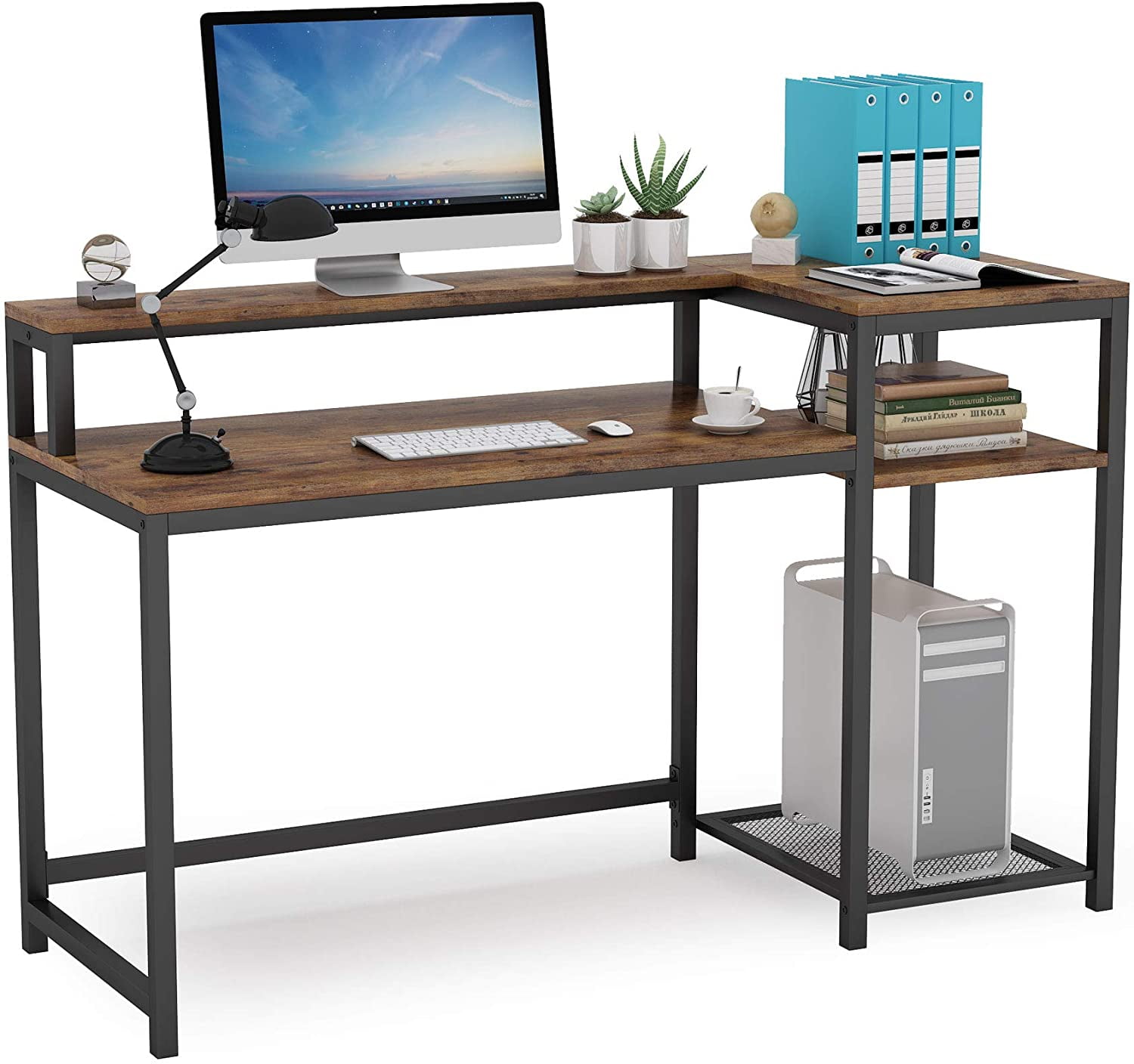 2 Shelves for Home Office Bedroom Easy To assemble Tribesigns Computer Desk Industrial Writing Desk for Study Computer Workstations PC Desk Table with Metal Frame Living Room Black