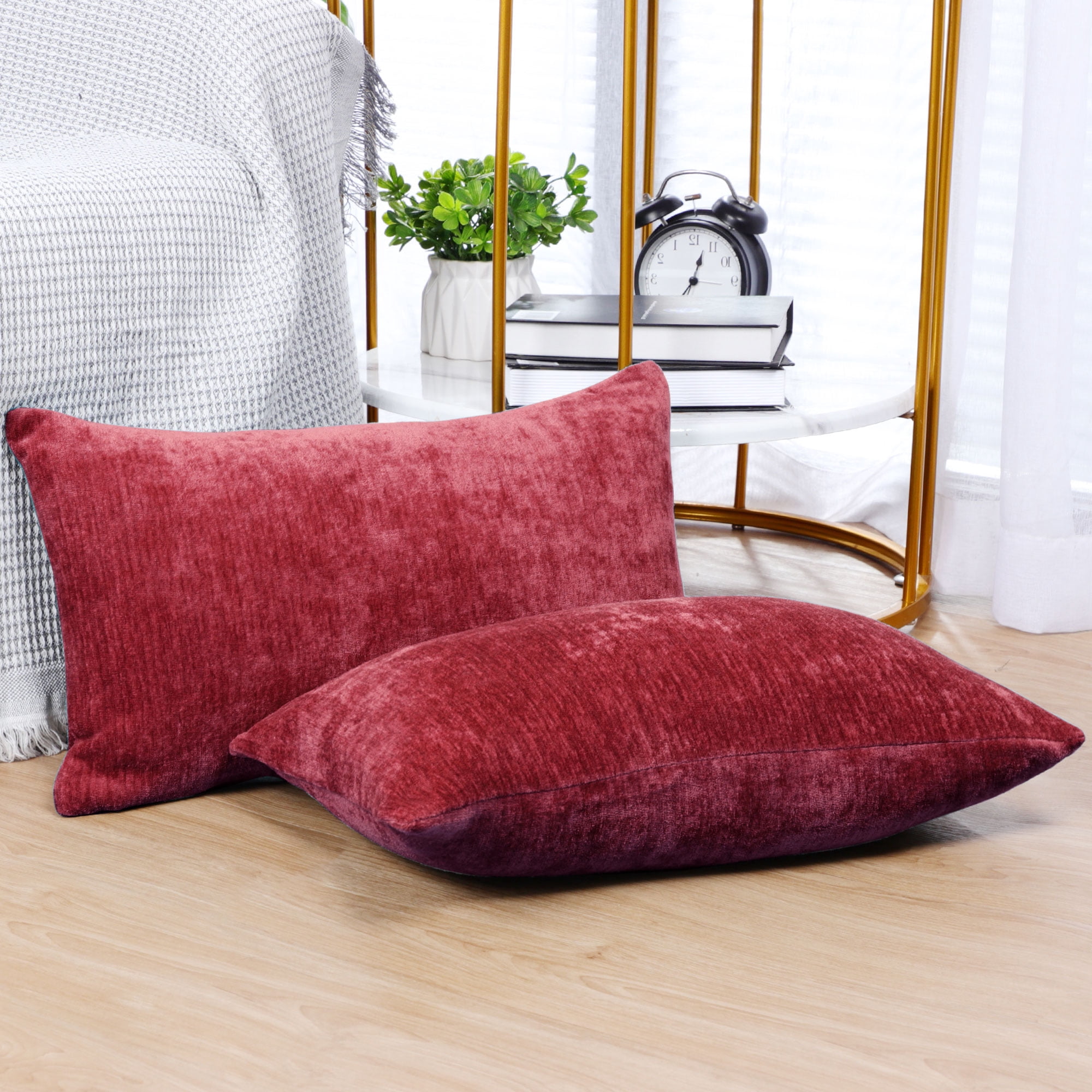 REGALWOVEN Set of 2 Chenille Throw Pillow Covers, Soft Decorative Cushion Covers Burgundy 12x20 Inch