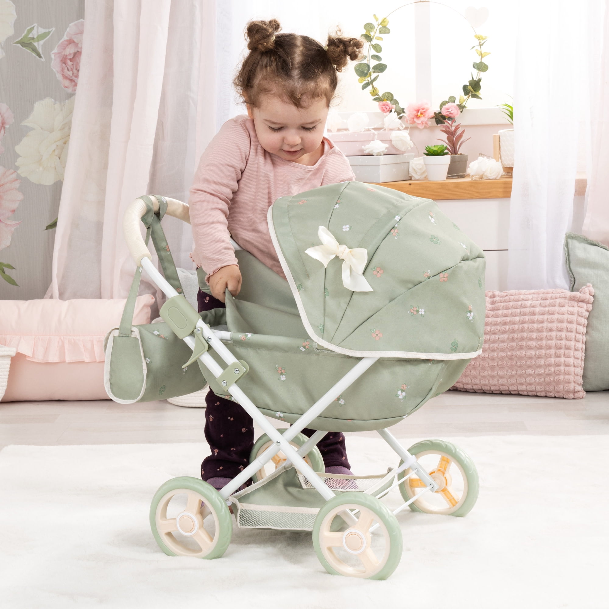 Bayer Design: Doll Pram Cosy - Green & Flowers - Play Push Stroller, Handbag, Blanket & Pillow, Folding, Toy Care Accessory Fits 18" Dolls, Kids 3+