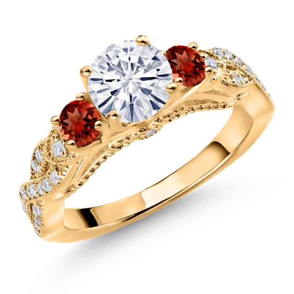Gem Stone King 18K Yellow Gold Plated Silver White Moissanite and Red Garnet Engagement Ring for Women (1.37 Cttw, Gemstone, Round 6MM and 3MM, Size 6)