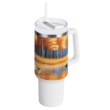 

40 oz Tumbler with Handle and Straw Lid Ducks in Boat on River Insulated Vacuum Water Bottle Stainless Steel Travel Cup