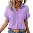 thumbnail image 2 of Pxiakgy Women Linen Button Down Shirt Rolled Cuffed Short Sleeve Blouse Ladies Summer Casual V Neck Beach Double Layer Wrinkled Fabric Tops Batwing Sleeve Pocket Patched Shirt Hot Pink Xl, 2 of 7