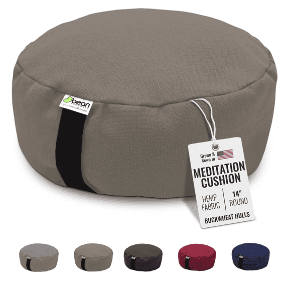 Organic Buckwheat Hulls Round - 14" Zafu Meditation Cushion - Tibetan Style Natural Hemp Zen Yoga Pillow for Floor - Made in USA, Natural