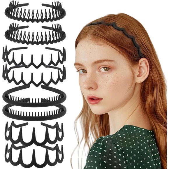 Qianyu 8 PCS Non Slip Plastic Headbands with Teeth Comb Black Skinny Hair Band Wavy Teeth Hairhoop Comfy Zig Zag Headbands Effortless Hairband Hair Accessories for Women Men Teen Girls