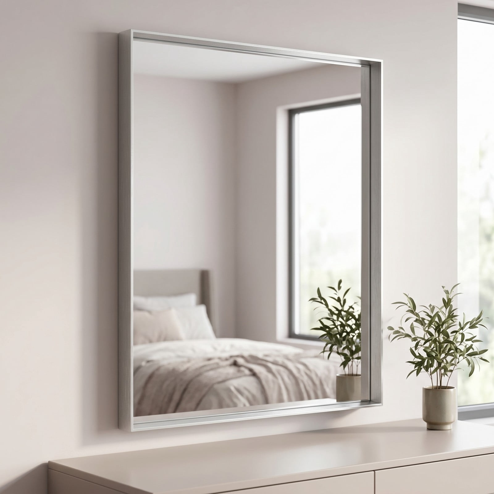 GRAHMCY 32"x40" Bathroom Wall Mounted Mirror Vanity Rectangular Mirror with Deep Frame, Silver
