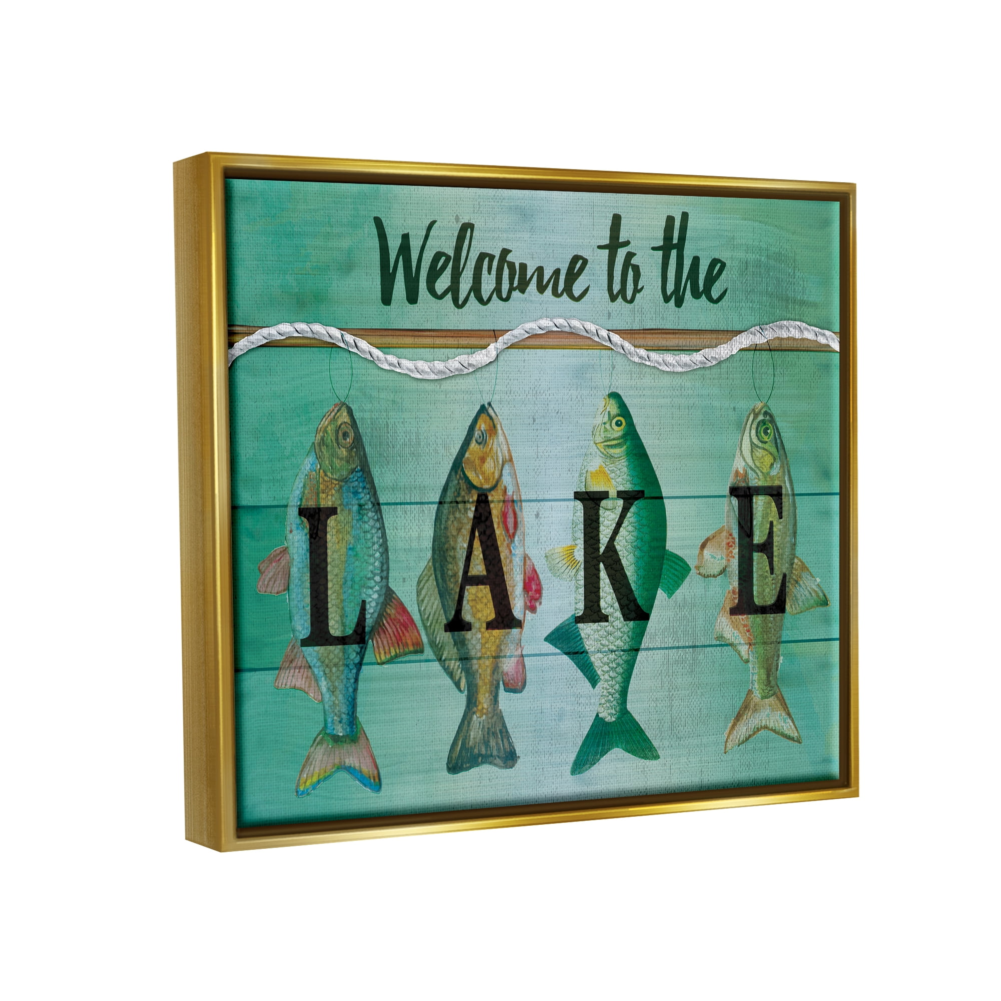 Stupell Welcome Lake Nautical Fishing Rope Landscape Painting Gold Floater Framed Art Print Wall Art