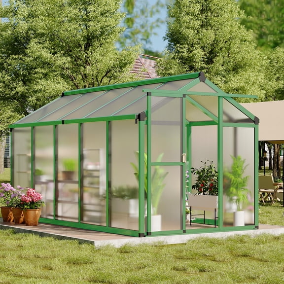 6x10 Ft Outdoor Greenhouse, Accessible Greenhouse with Roof Vents & Sliding Doors, Aluminum Frame & Polycarbonate Panels for Garden Backyard – Green