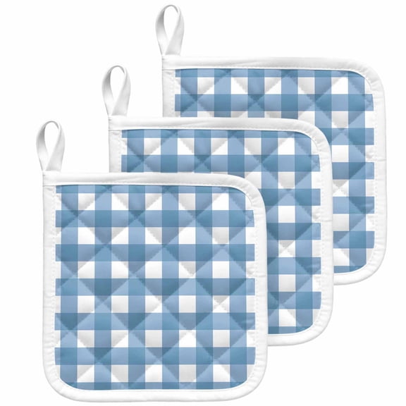 Blue White Plaid Pot Holders for Kitchen Heatproof Potholder, 3 Pack Gradient Geometric Buffalo Checkered Hot Pads Multipurpose Oven Pads Cloth Potholders Trivet for Cooking Baking