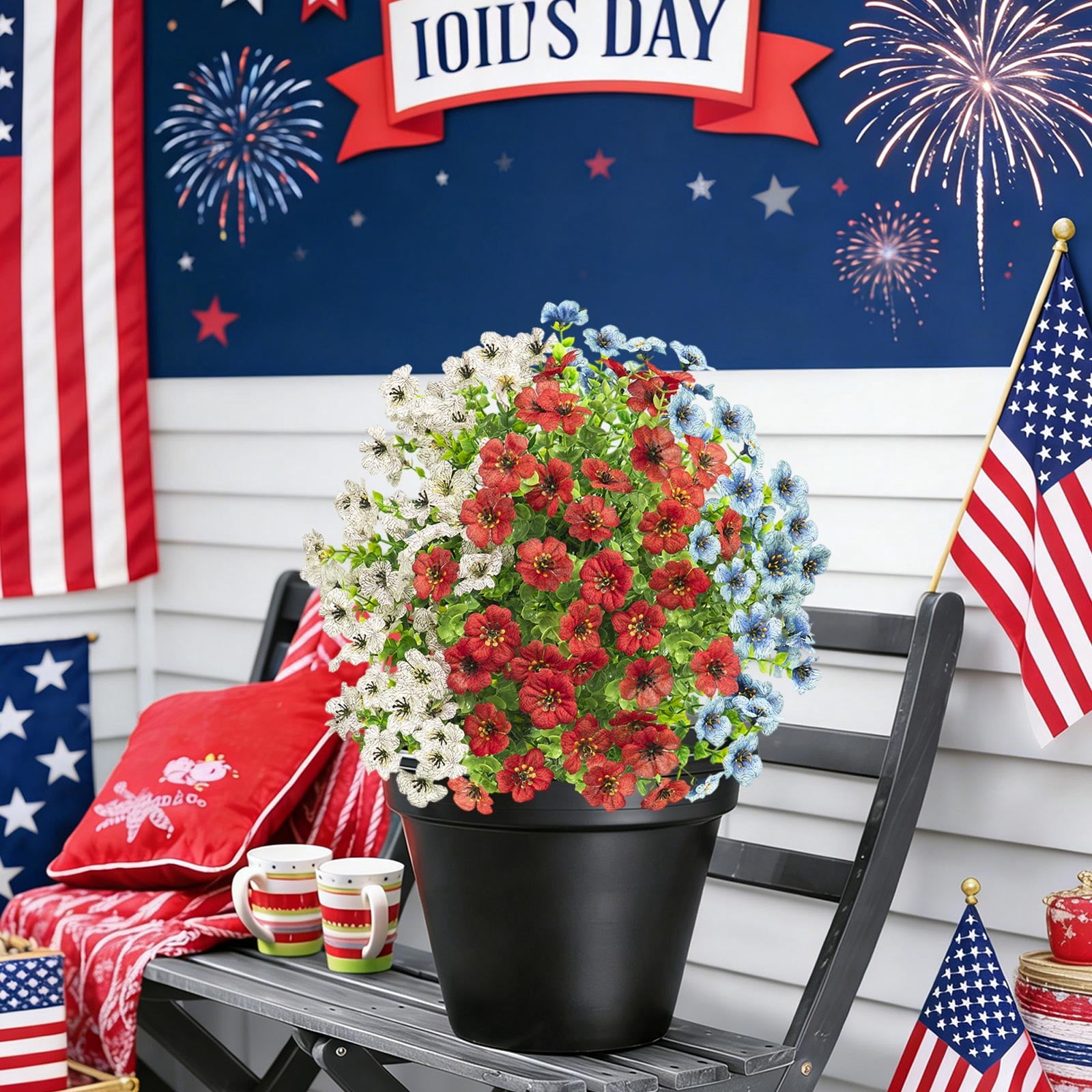 Bcylexb 4th of July Patriotic Artificial Flowers for Outdoors, UV Resistant Realistic Fake Flowers with Stake for Independence Day Indoor Home Garden Decor