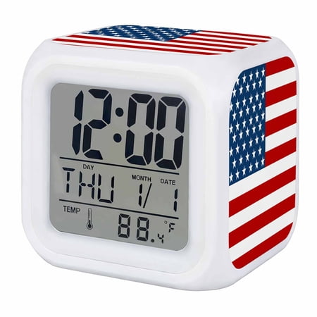 American Flag Digital Alarm Clock for Bedrooms, Smart LED Alarm Clock with 7 Color Changing Night Light, Blue Red USA Flag Silent Wake Up Clocks for Sleep Study Cooking 3.2x3.2