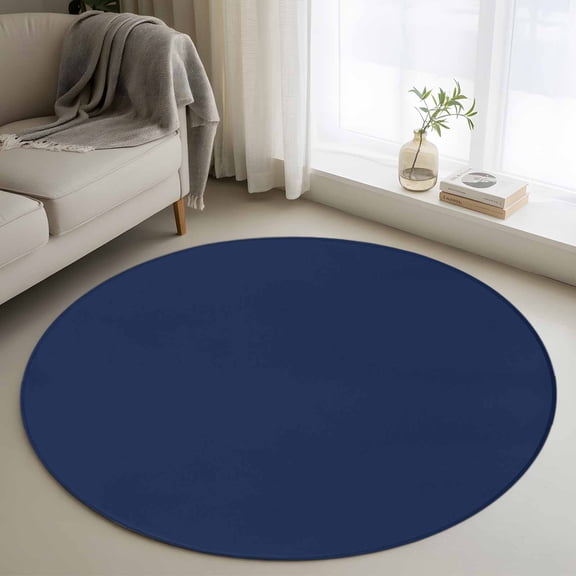 Round Area Rug 3ft, Modern Solid Color Navy Blue Non-Shedding Washable Area Rug, Minimalist Pure Bleu Marine Non Slip Low-Profile Circle Rugs for Living Room, Bedroom Dining Room